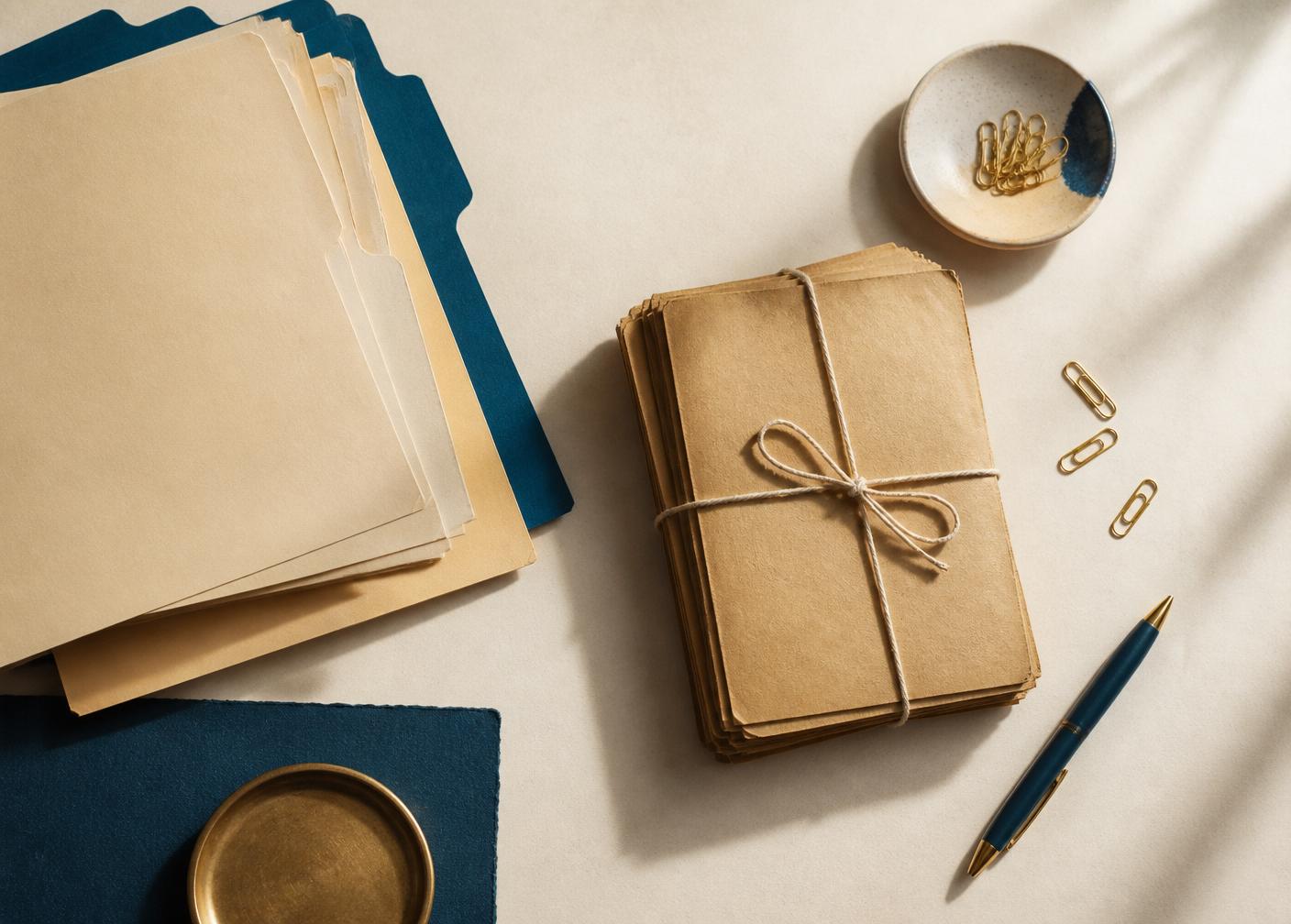 Pastas e envelopes de documentos organizados sobre superfície clara