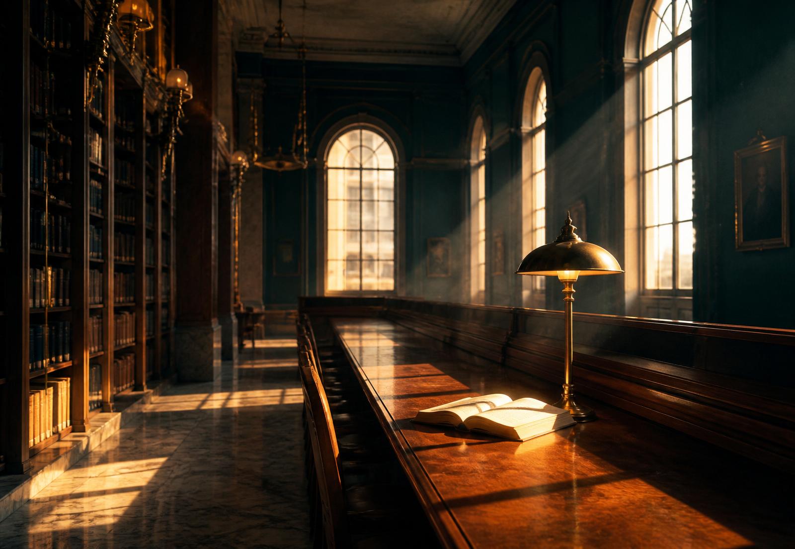 Sala de leitura clássica com luz dourada